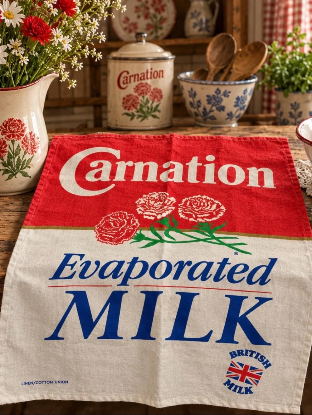 Vintage Carnation Evaporated Milk British Advertising Tea Towel Linen Cotton